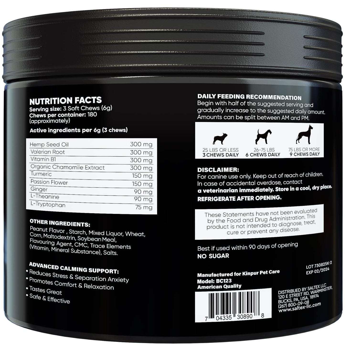 Back label of a black container with nutritional information and feeding recommendations.