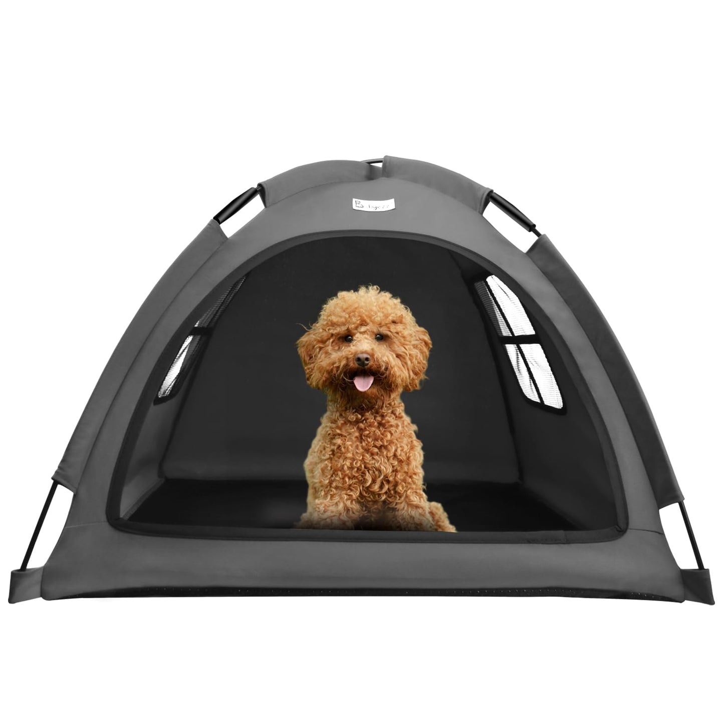 Dog inside a gray pet tent on a white background