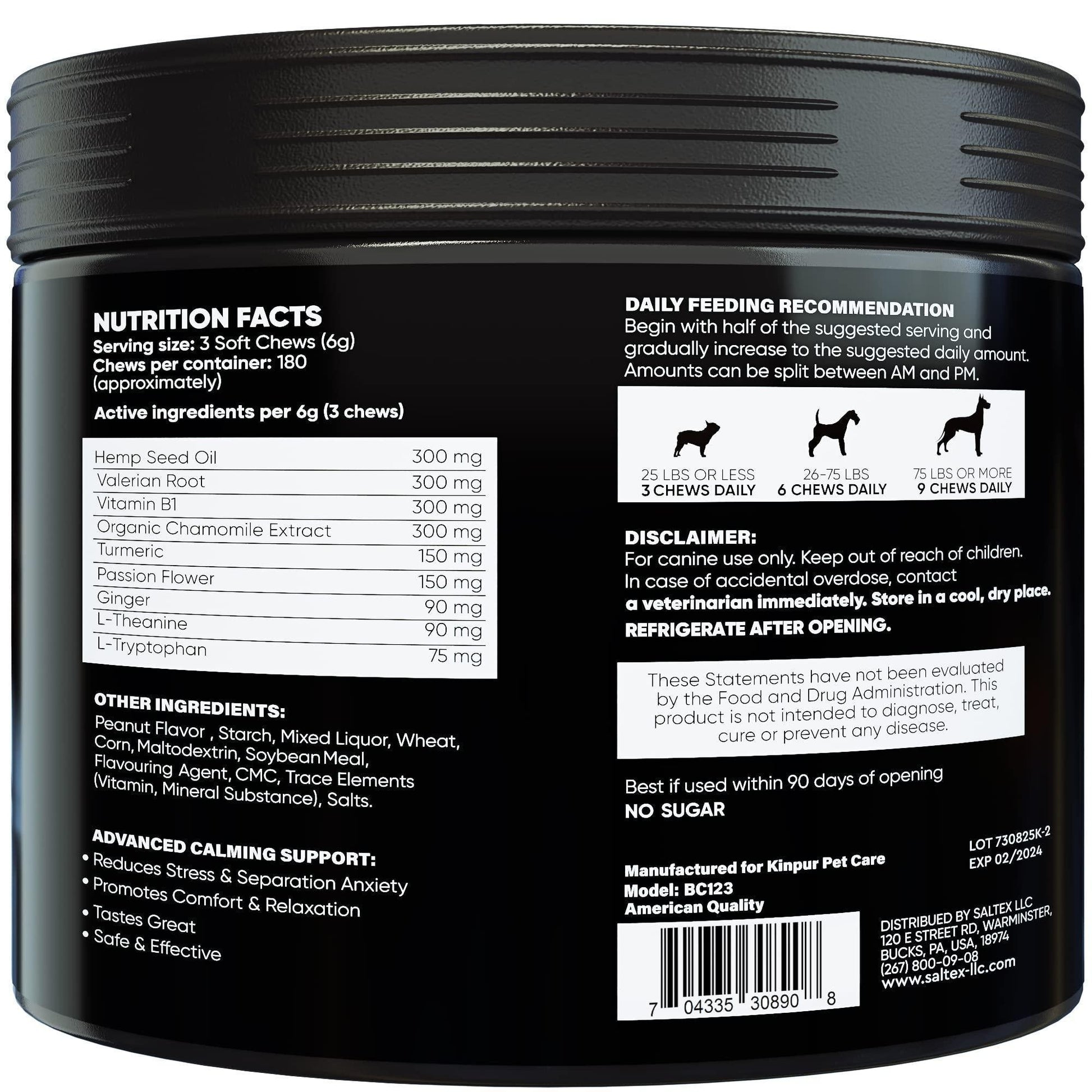 Back label of a black container with nutritional information and feeding recommendations.