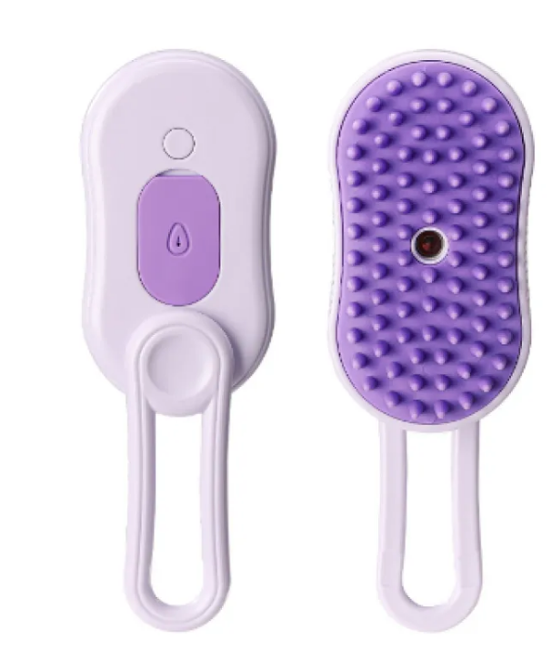 Purple and white grooming tool with textured surface on a white background