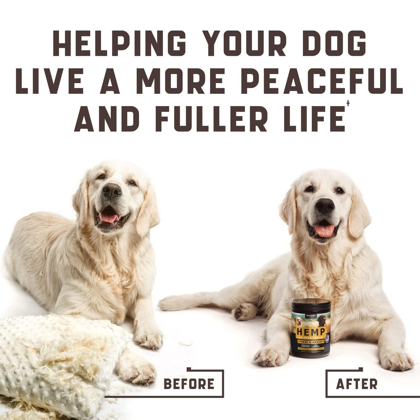 Two dogs, one labeled 'Before' and the other 'After', with a Hemp product container between them on a white background.