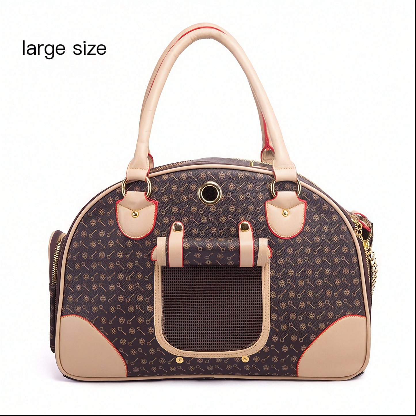 Large pet carrier with brown and beige design on a white background