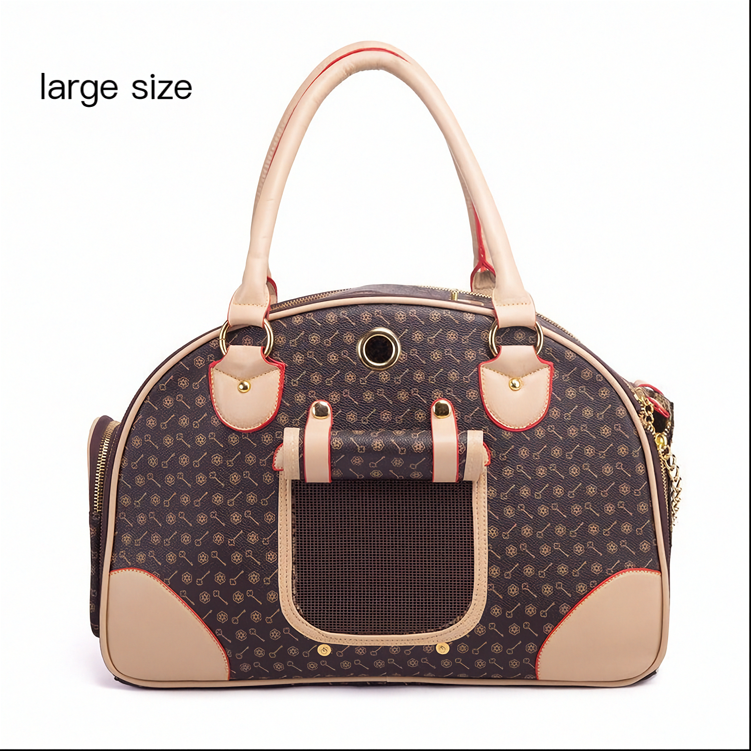 Large pet carrier with brown and beige design on a white background