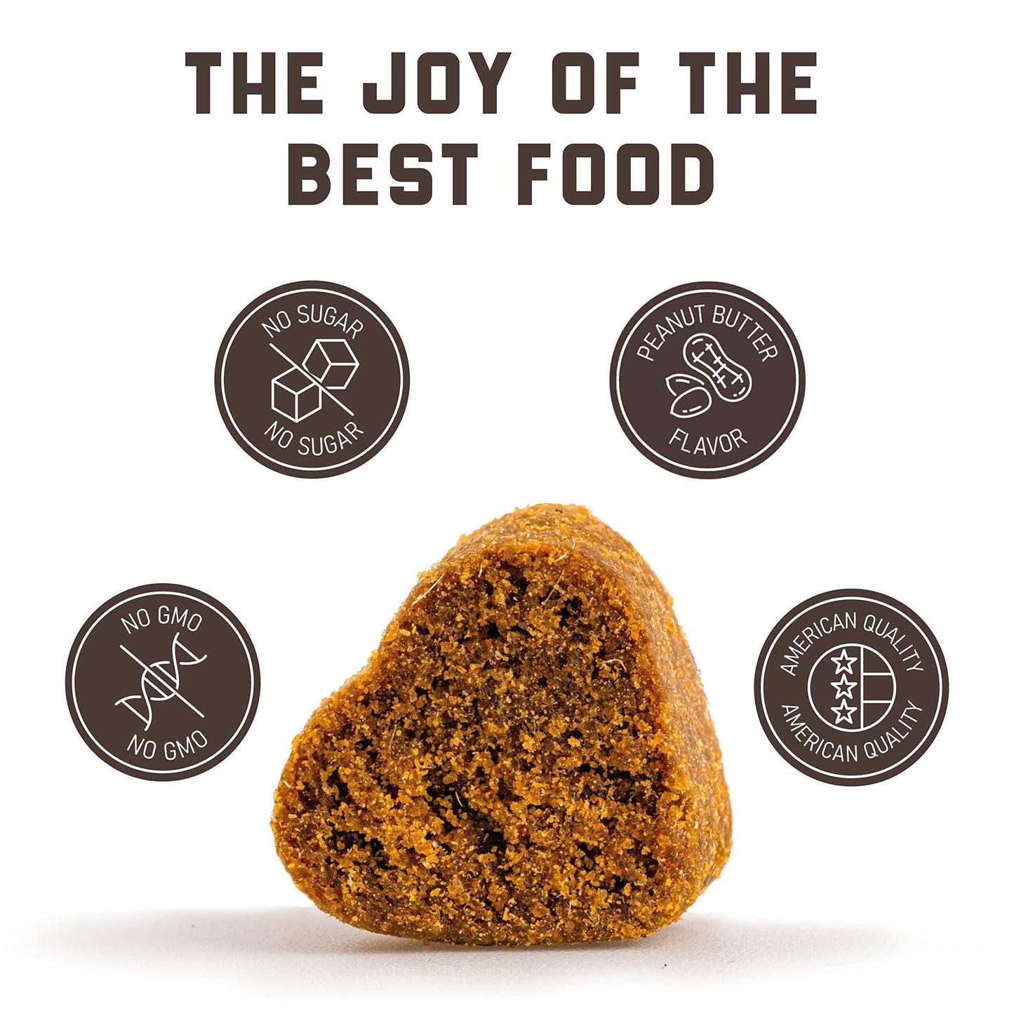 Peanut butter snack with certification icons and text on a white background