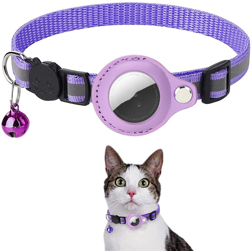 Purple pet collar with a bell and reflective patch on a white background, featuring a cat wearing the collar.
