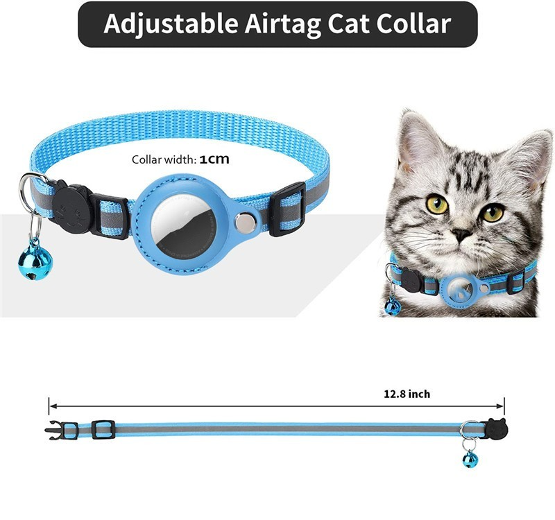Blue adjustable airtag cat collar with a cat wearing it on a white background