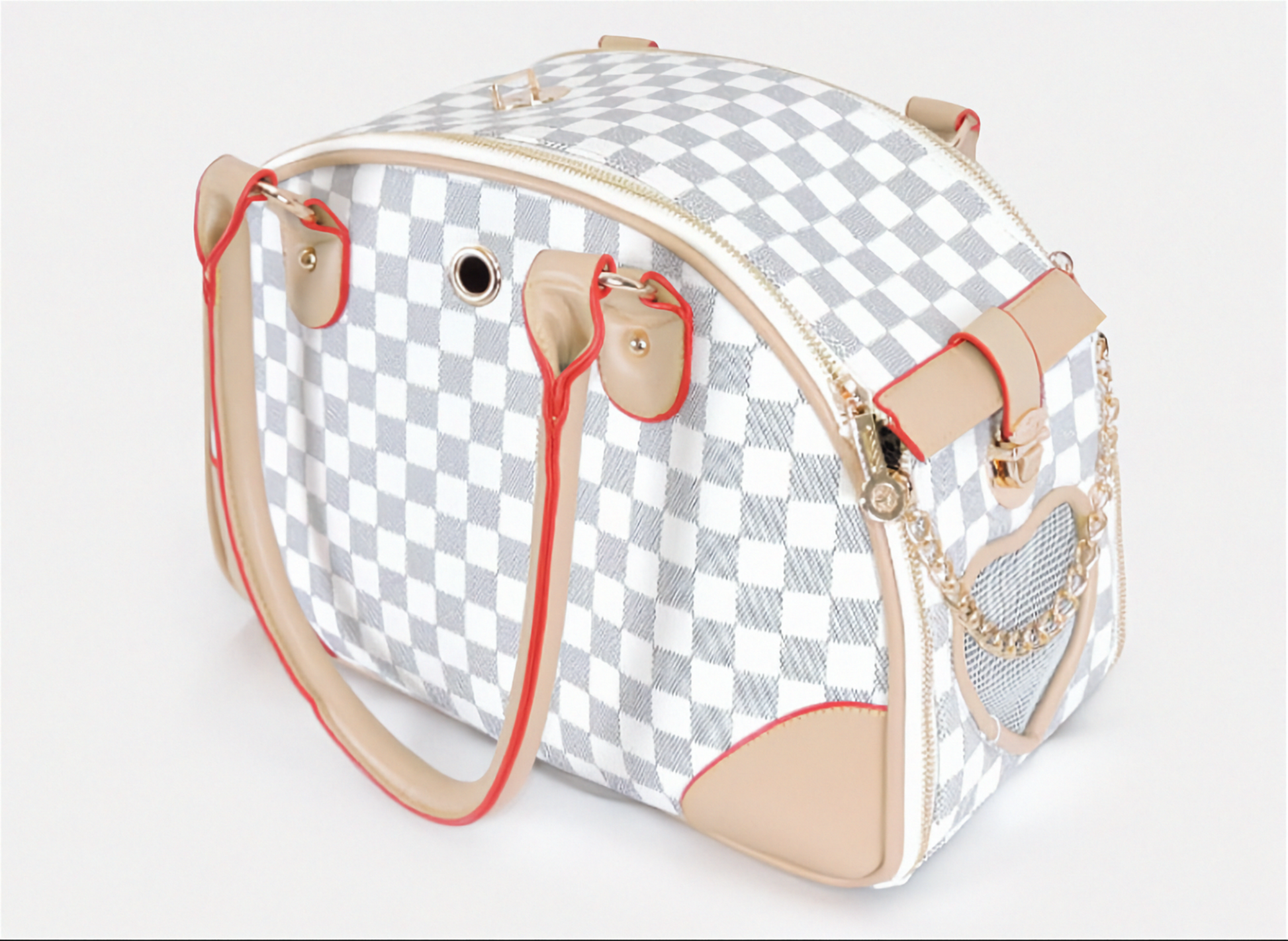 Checkered handbag with red accents on a white background