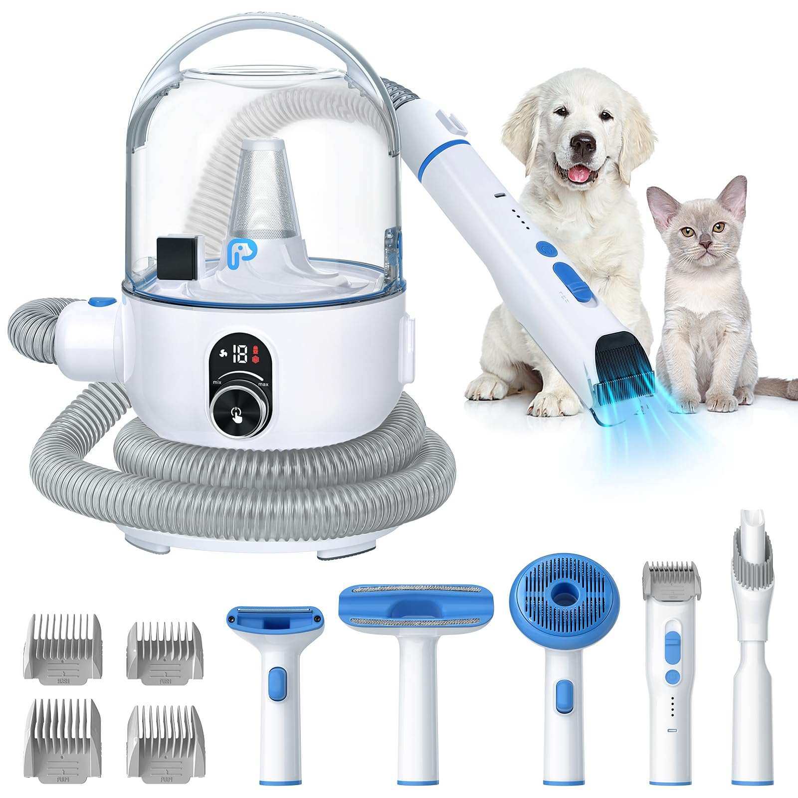 Pet grooming tool set with a vacuum cleaner, clippers, and attachments on a white background.