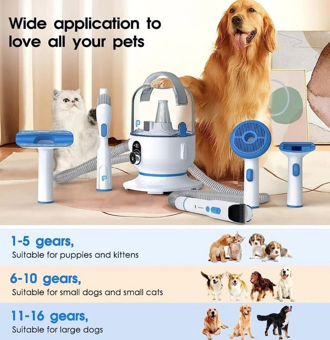 Pet grooming tool set with a dog and cat, featuring adjustable gear settings for different pet sizes.