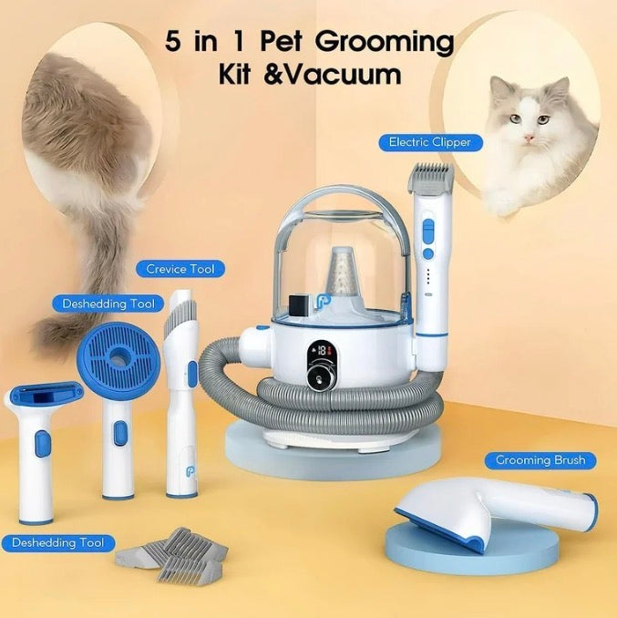 5-in-1 pet grooming kit with vacuum, electric clipper, and grooming tools on a beige background.