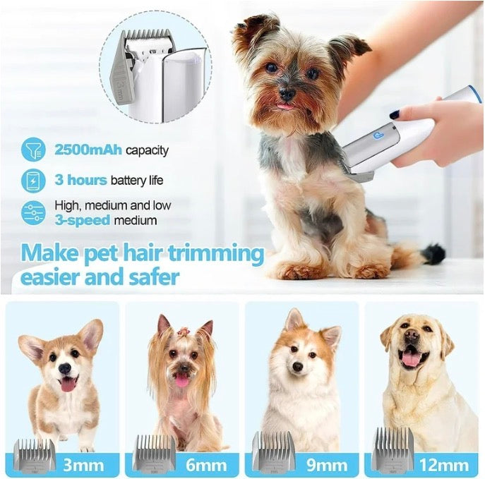Pet grooming tool with a dog being groomed, showing features and compatibility with different dog sizes.