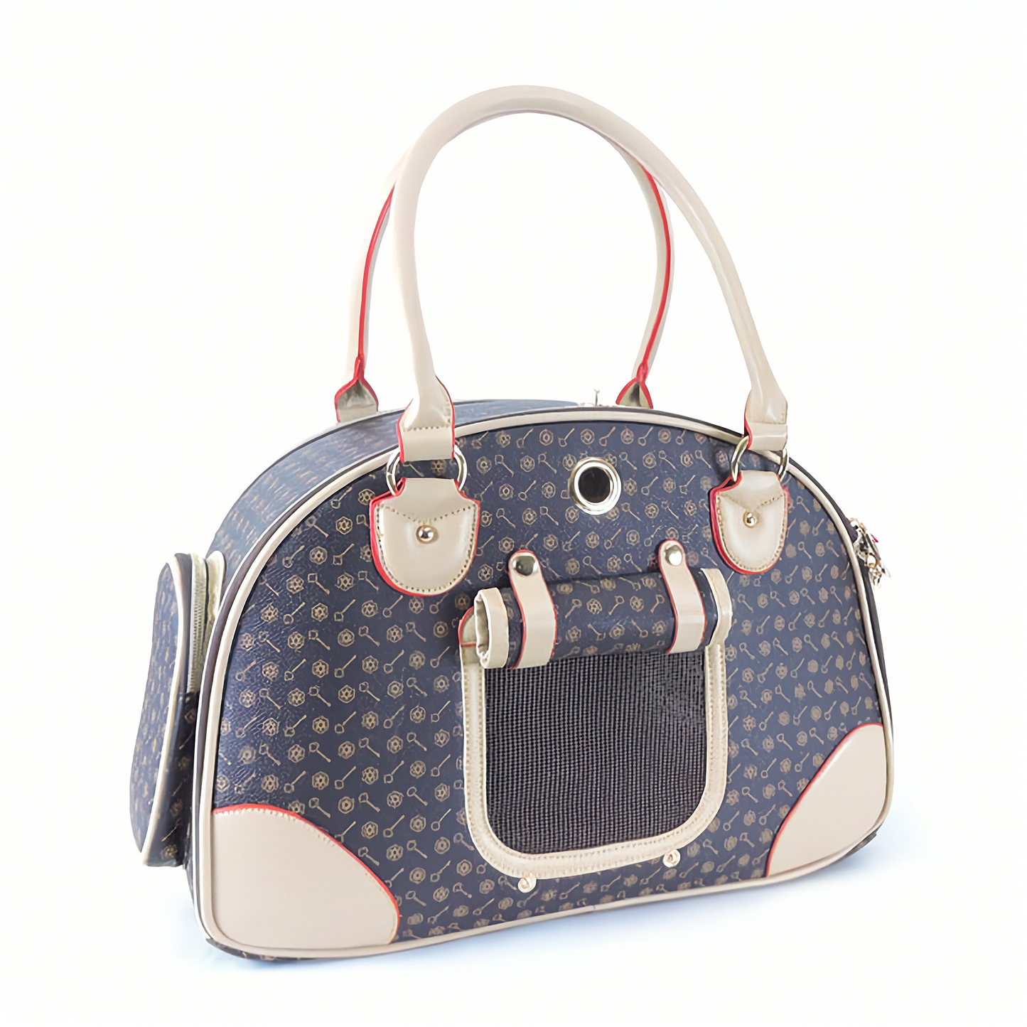 Pet carrier with blue pattern and white accents on a white background