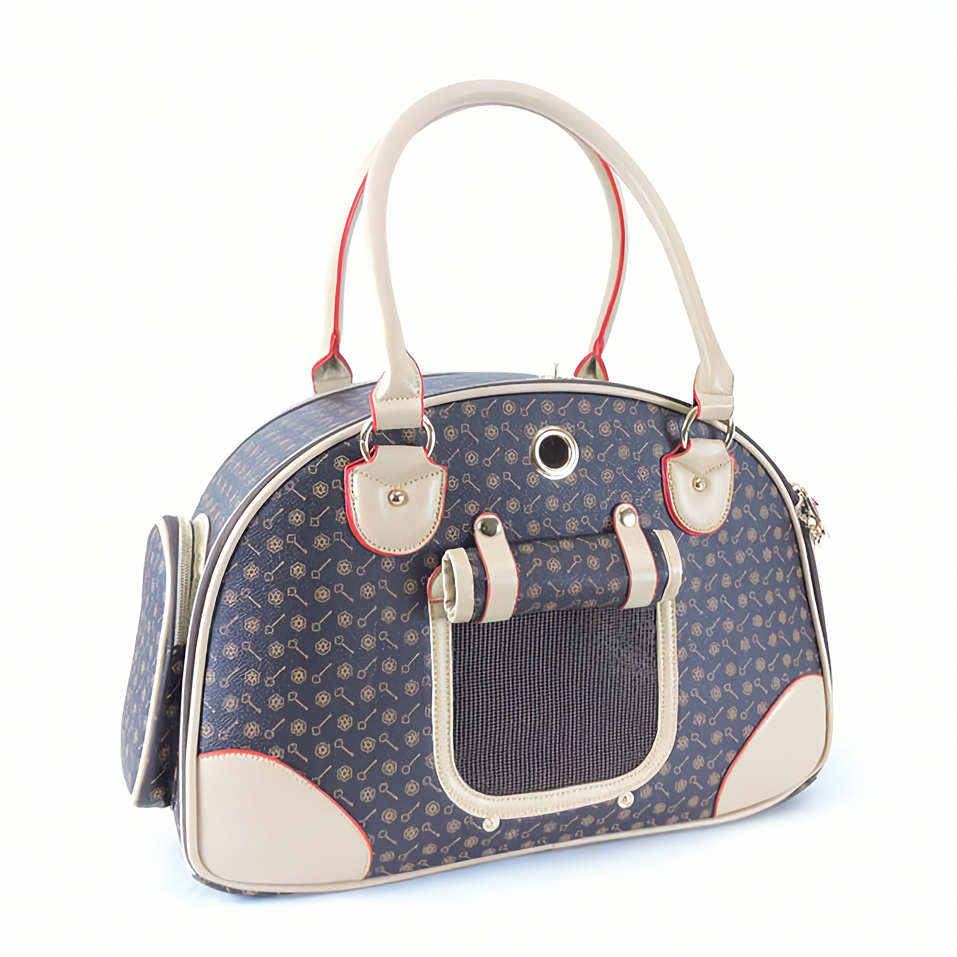 Pet carrier with blue pattern and white accents on a white background