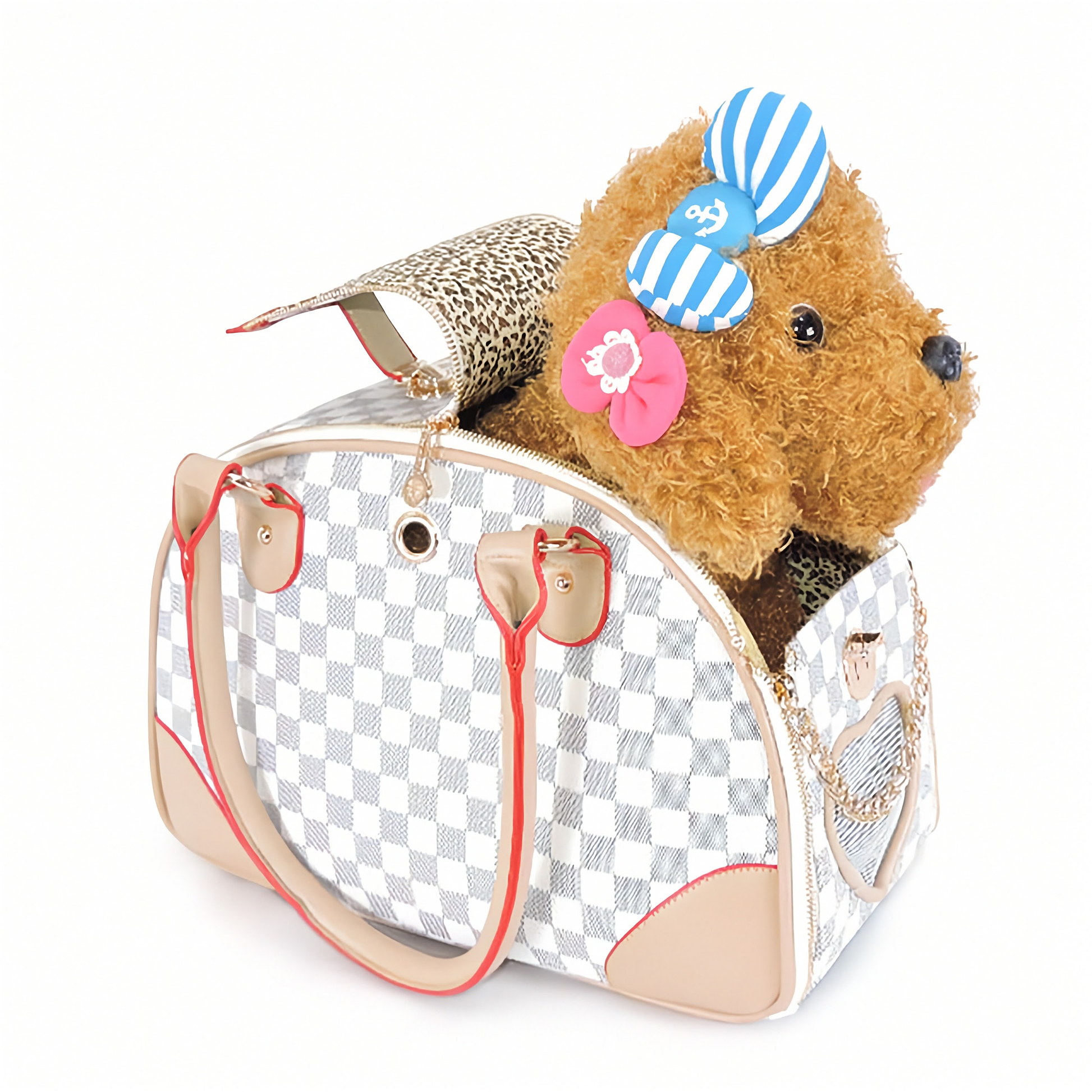 Checkered pet carrier with a teddy bear wearing a striped hat and flower accessory on a white background