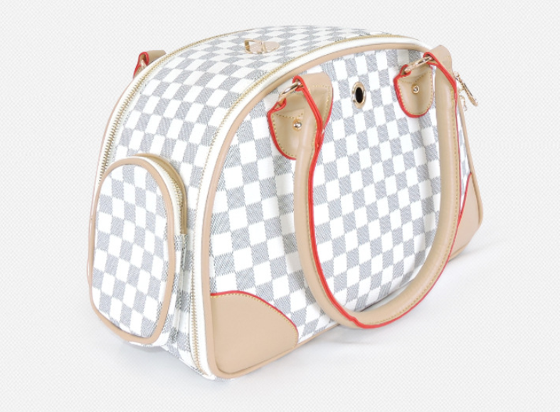 Checkered bag with red accents on a white background