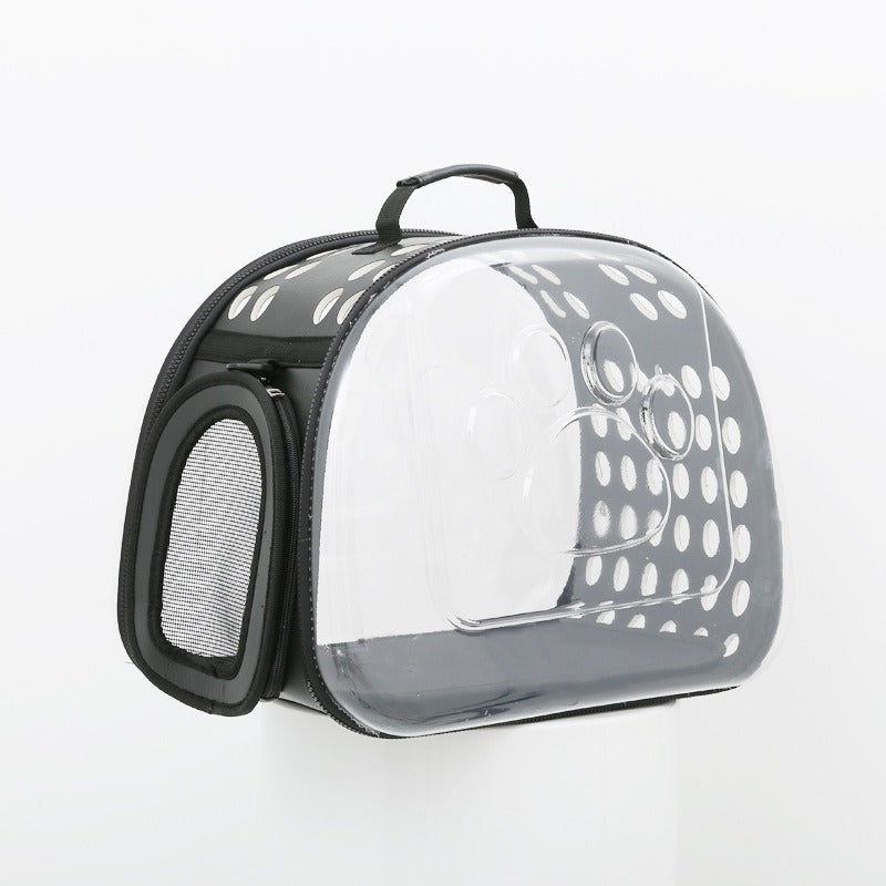 Clear pet carrier with black frame on a white background