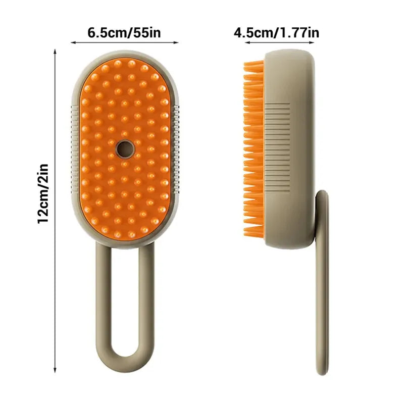 Pet grooming brush with orange bristles and dimensions labeled on a white background