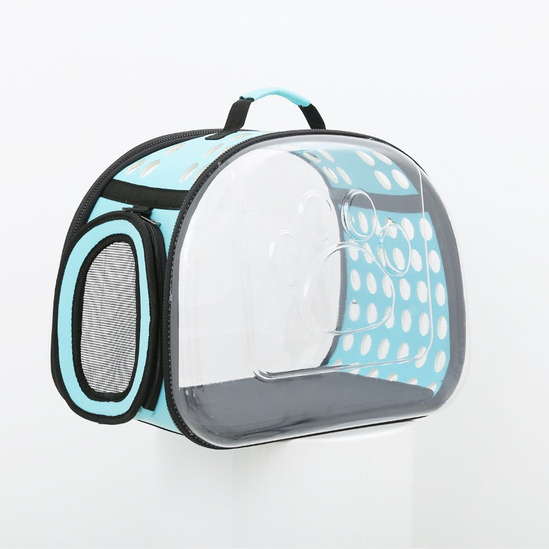 Clear pet carrier with blue polka dot pattern on a white background