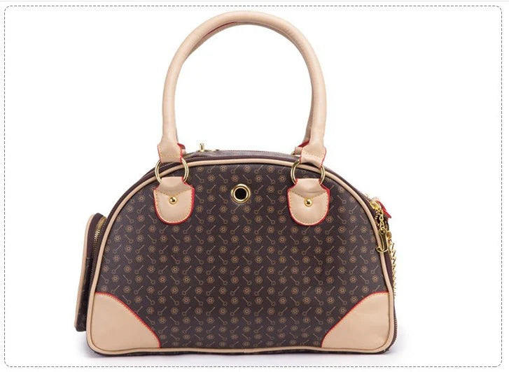 Designer handbag with brown and beige pattern on a white background