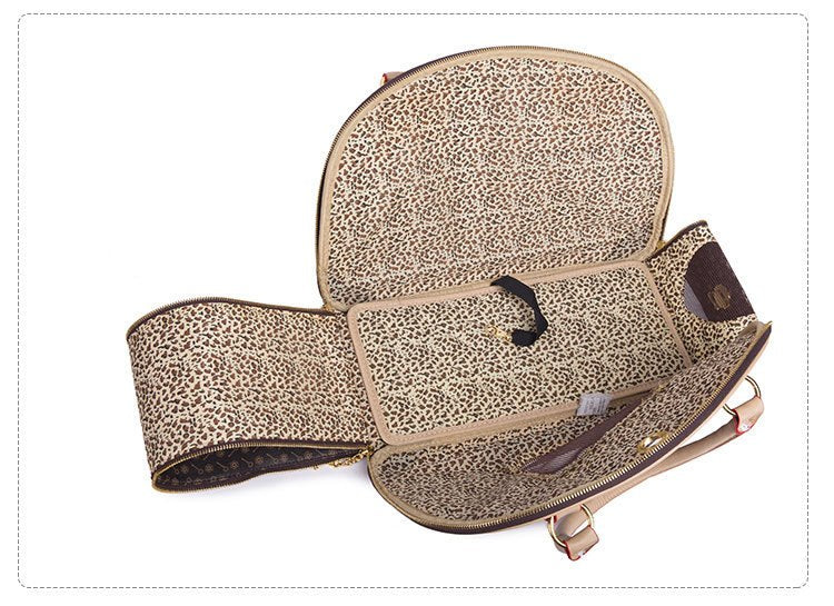 Leopard print pet carrier with brown accents 