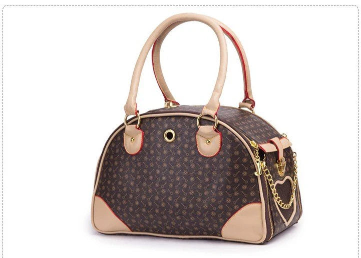 Brown patterned handbag with beige accents on a white background