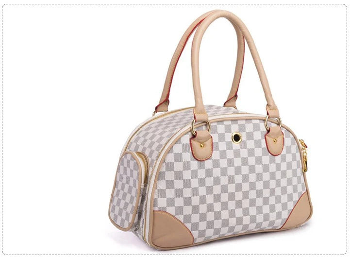 Checkered handbag with beige accents on a white background