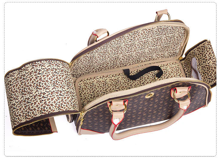 Set of leopard print bags with gold zippers on a white background