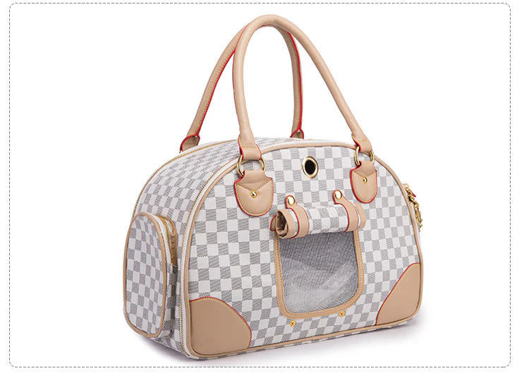 Pet carrier with checkered pattern and beige accents on a white background