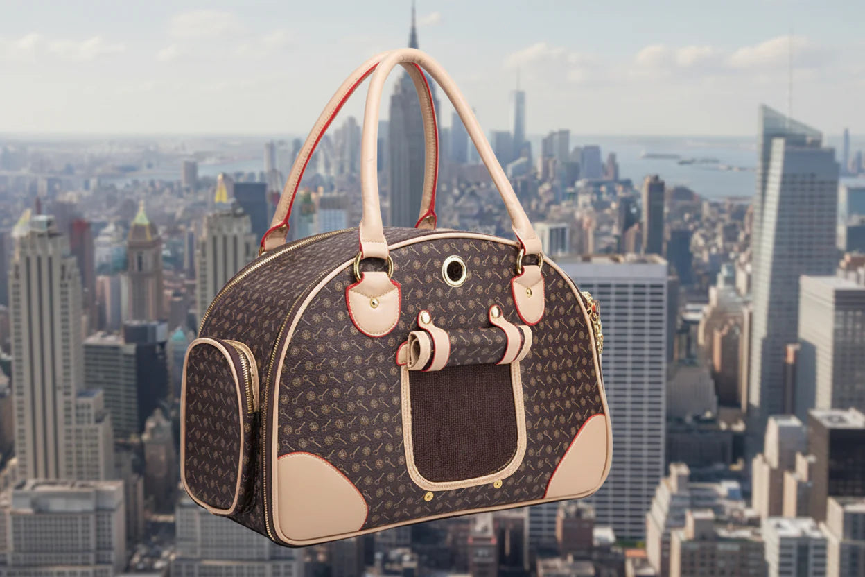 Pet carrier with a city skyline in the background