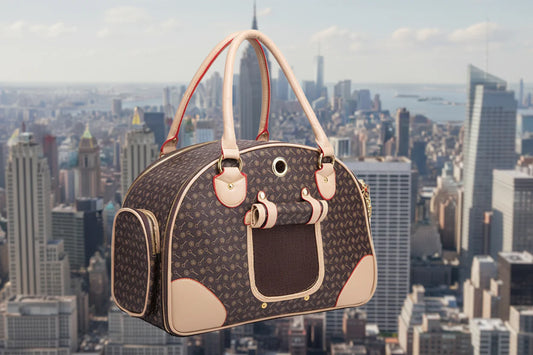 Pet carrier with a city skyline in the background