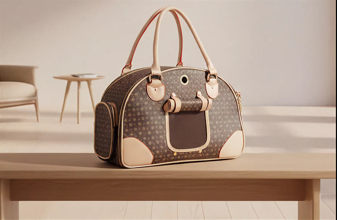 Designer handbag on a wooden table with a neutral background