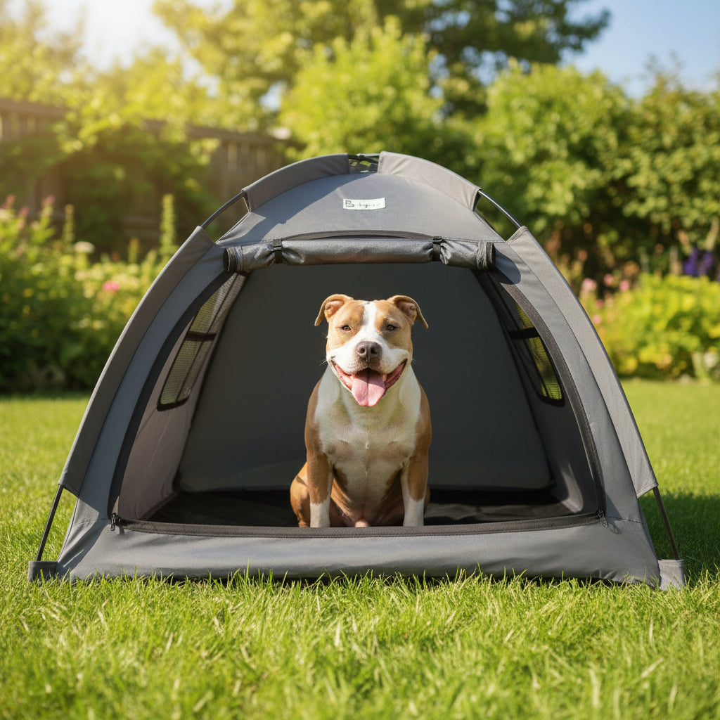 Dog inside a gray pet tent on green grass outdoors
