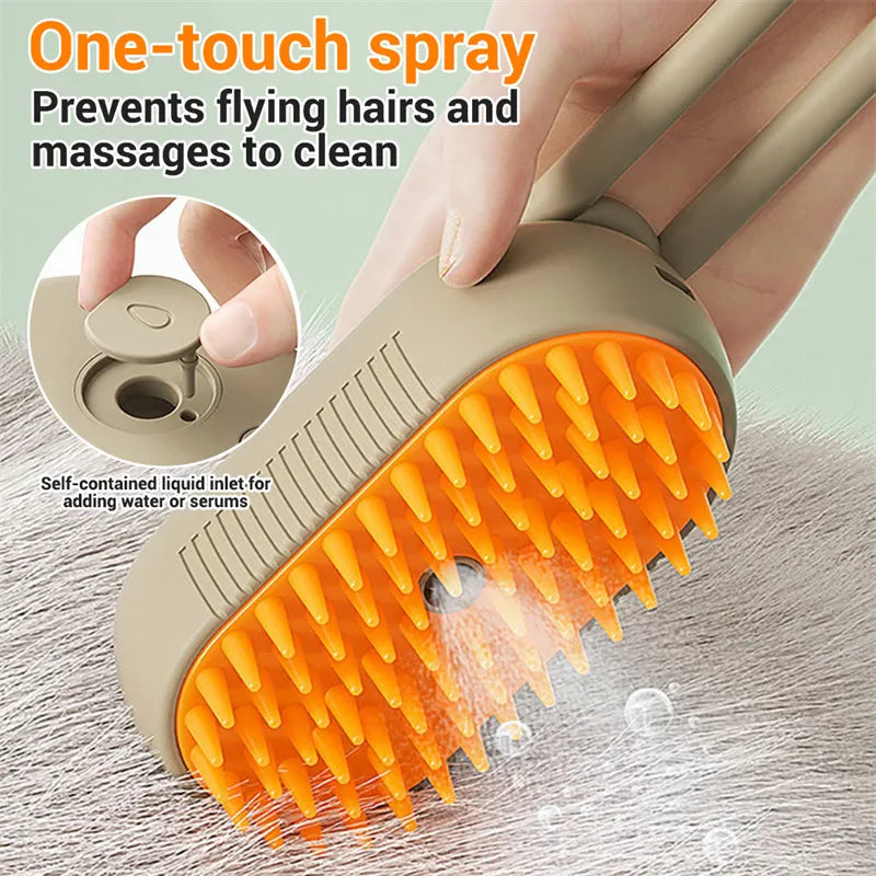 Dog grooming brush with orange bristles and text explaining its features on a light green background.