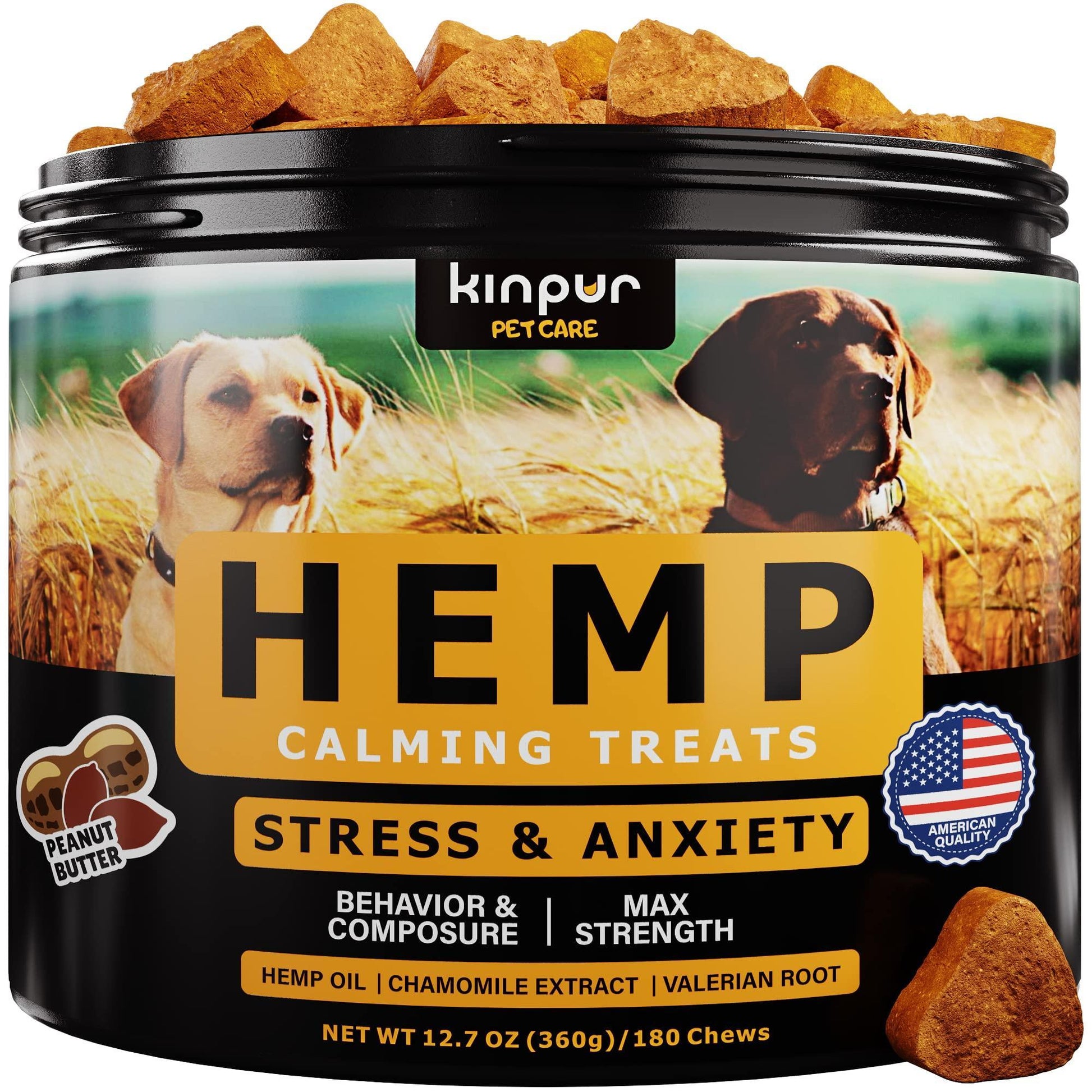 Hemp calming treats for dogs with images of dogs and text on the packaging.