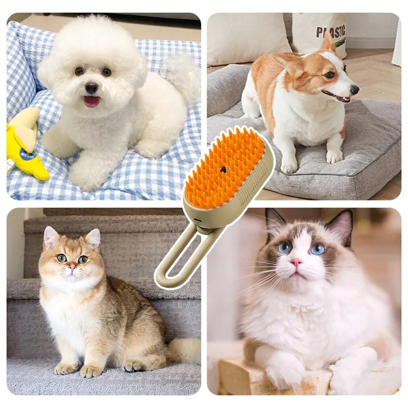 Collage of dogs and cats with a pet grooming brush in the center.