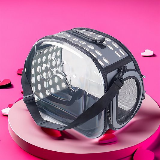 Pet carrier with transparent front on a pink platform and background
