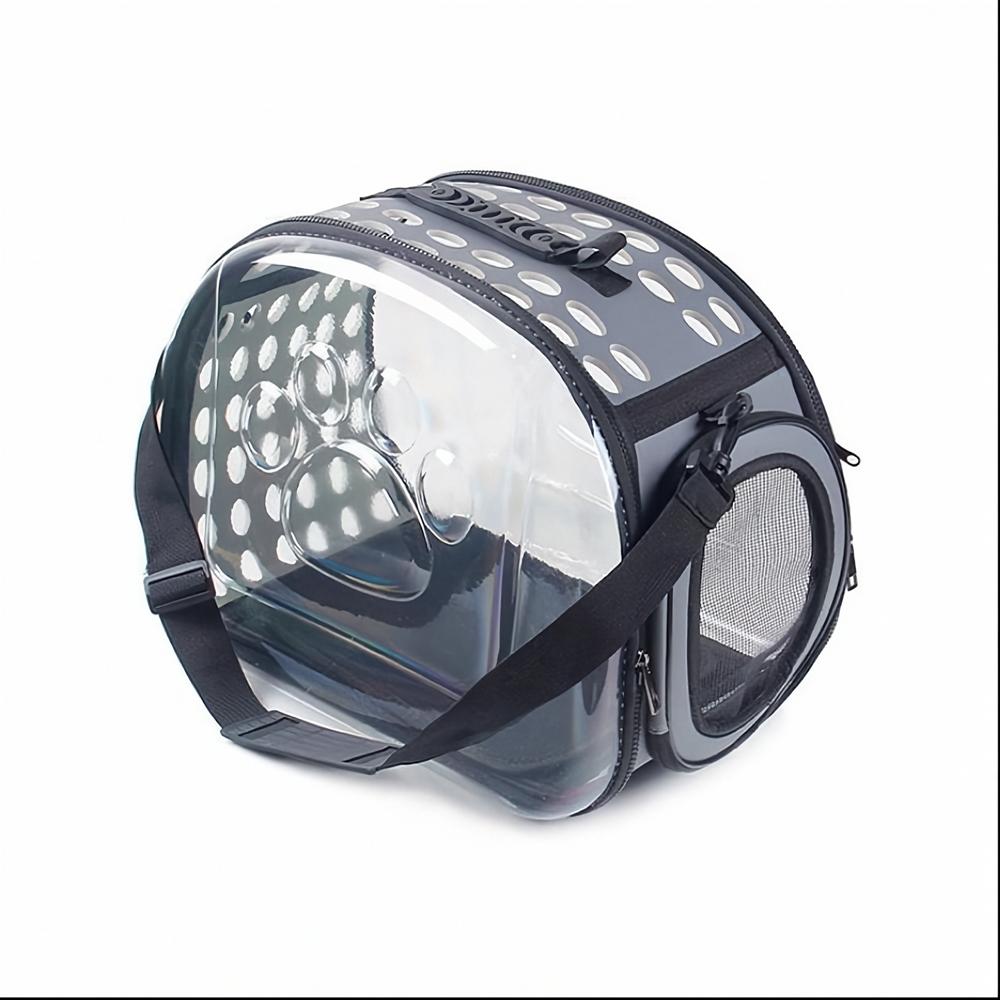 Pet carrier with transparent front and black straps on a white background