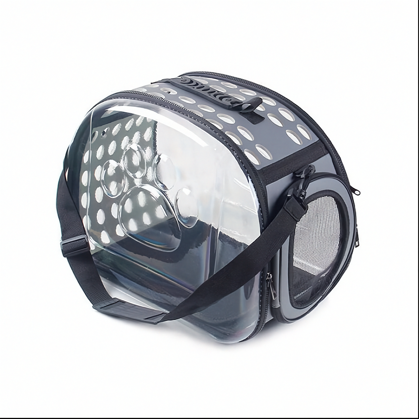 Pet carrier with transparent front and black straps on a white background