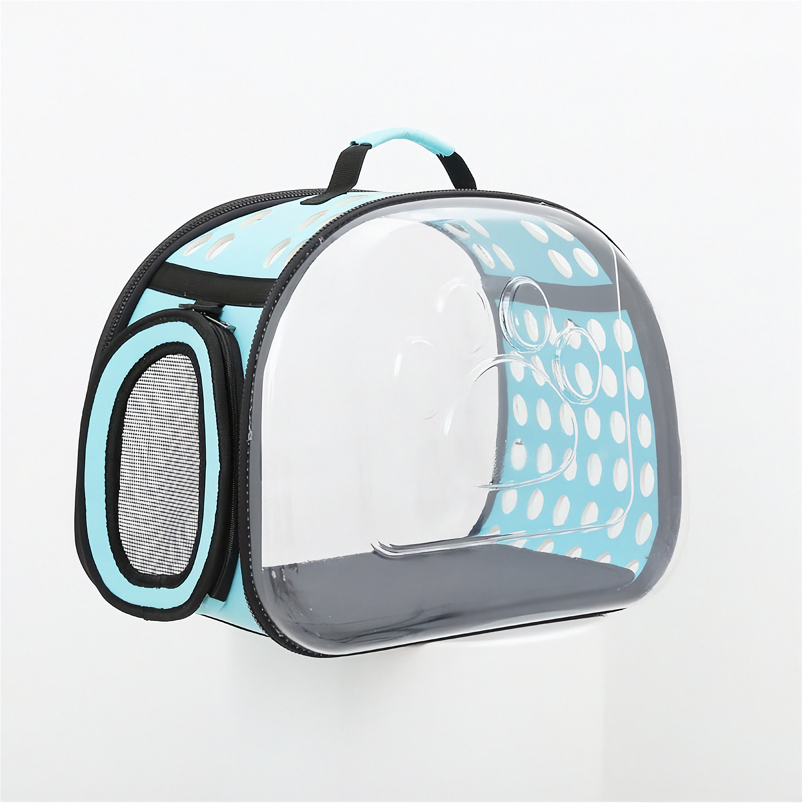 Clear pet carrier with blue polka dot pattern on a white background